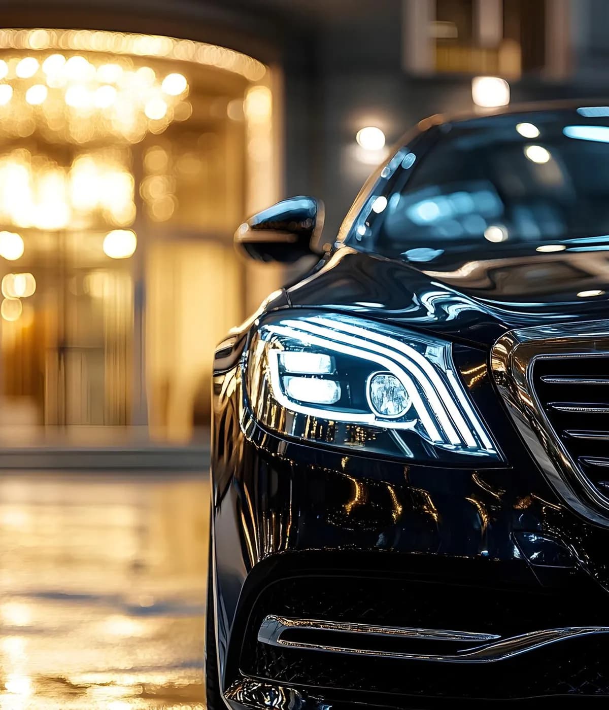Luxury chauffeur vehicle parked outside a modern venue